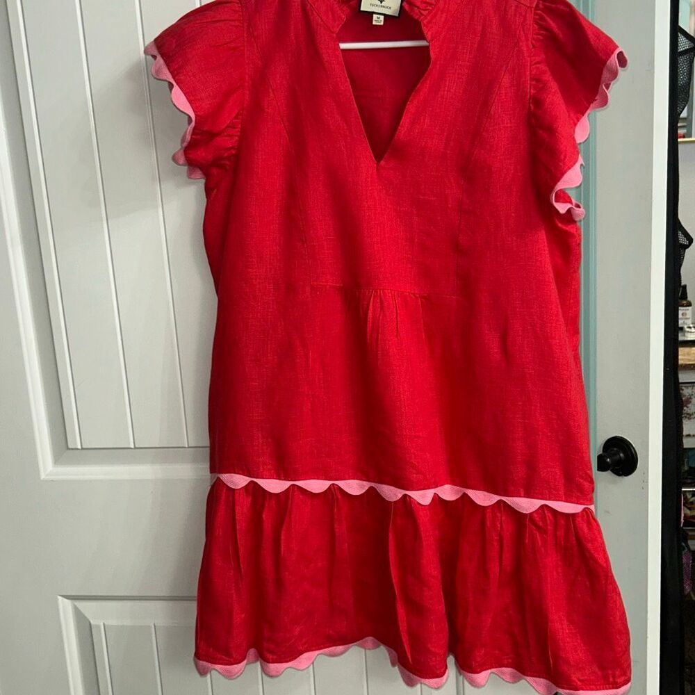 Tuckernuck hibiscus red linen flutter dress sz medium